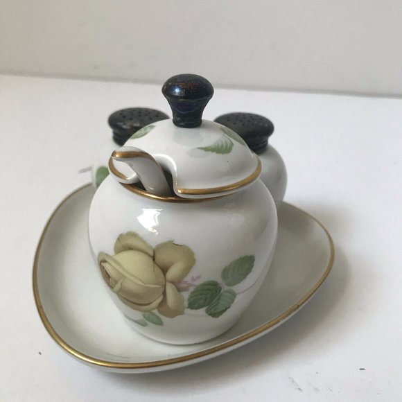 Vintage Thomas Germany bone china mustard salt pepper dish spoon yellow rose - Picture 2 of 9